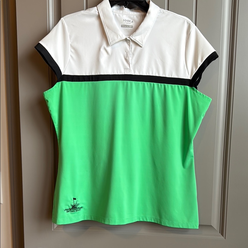 Women's Green and White Polo Top